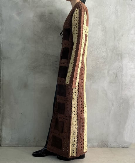 Crochet Knit Leather Mix Long Cardigan BRBE