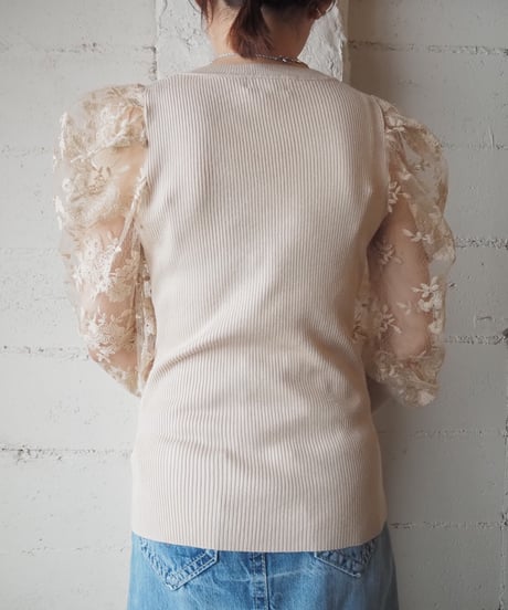 Flower Lace Sheer×Rib Knit Tops BE