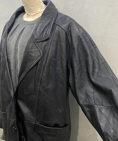 Tailored Collar Ragran Sleeve  Leather Coat BK