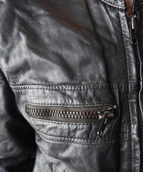 Stand Collar Many Pocket Leather Jacket BK