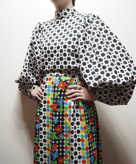 Dot Pattern Volume Sleeve Dress WHBK