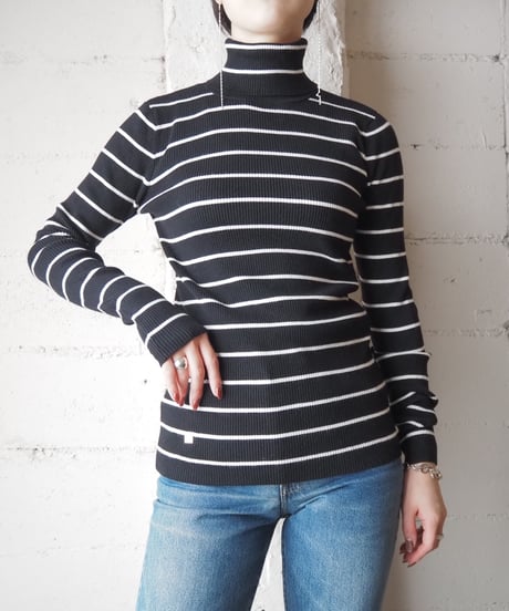 LAUREN Border Turtle Neck Knit BK WH