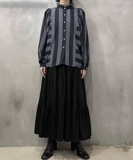 Stripe Volume Sleeve Band Collar Shirt GRBK