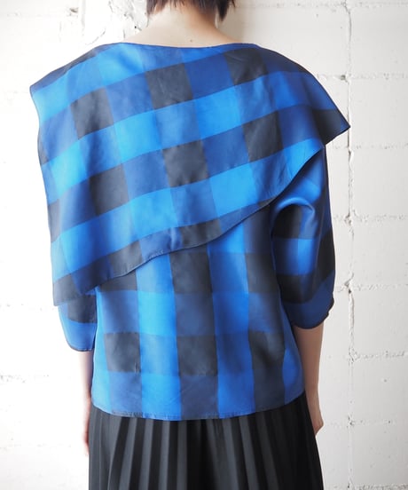 Asymmetric Square Collar Block Check Blouse BLNV