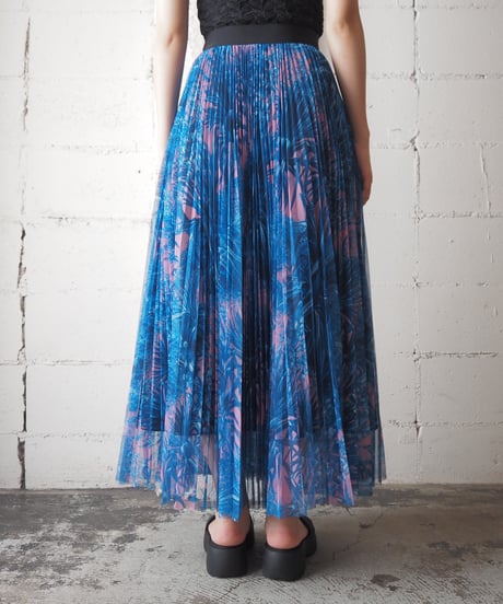 MSGM Botanical Print Tulle Pleats Skirt BL PK