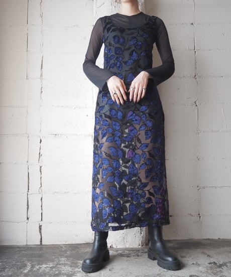 Velour × Sheer Leaf Pattern Dress NVBK