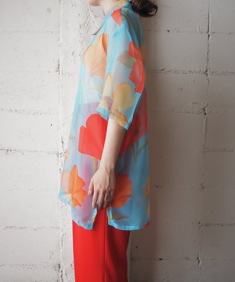 Flower Pattern Sheer Shirts BL RE OR