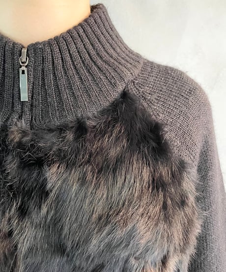 Fur × Rib Knit Zip Cardigan BK