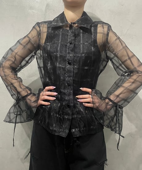 Volume Sleeve Sheer Check Shirt BK
