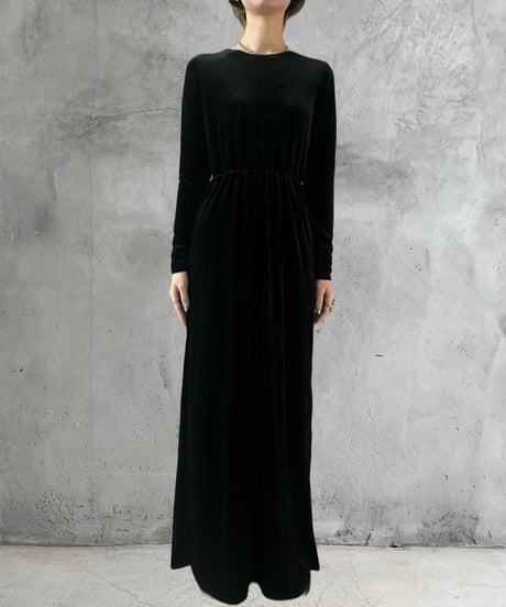 Crew Neck Waist Gather Velour Dress BK