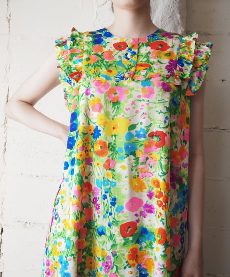 1970's Flower Pattern Frilled French Sleeve Dress WHPI