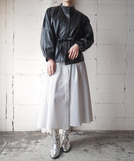 Tuck Shoulder Stand Collar Leather Jacket BK