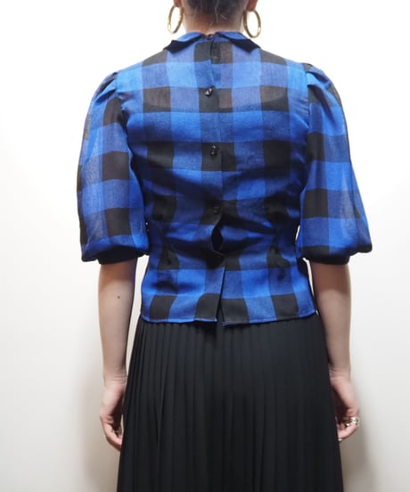 Puff Sleeve Sheer Plaid Blouse BK BL