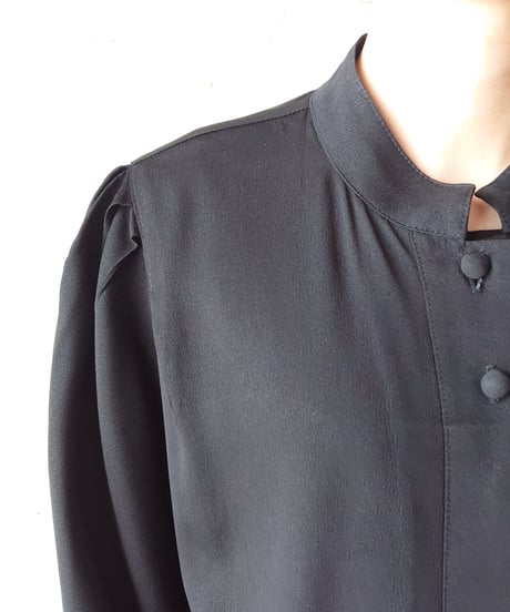 Stand Collar Tuck Sleeve Blouse BK