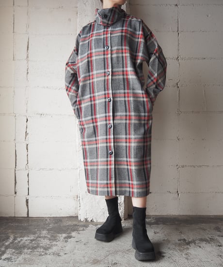 Turn Over Collar Check Pattern Shirt Dress GRRE