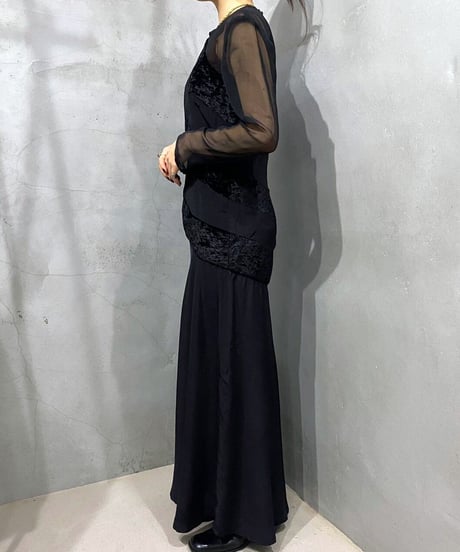 See through Velour Swiching Dress BK