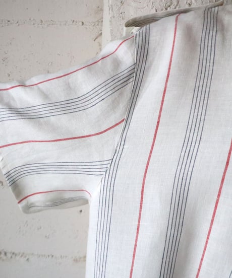 Double Button Collarless Stripe Blouse WH