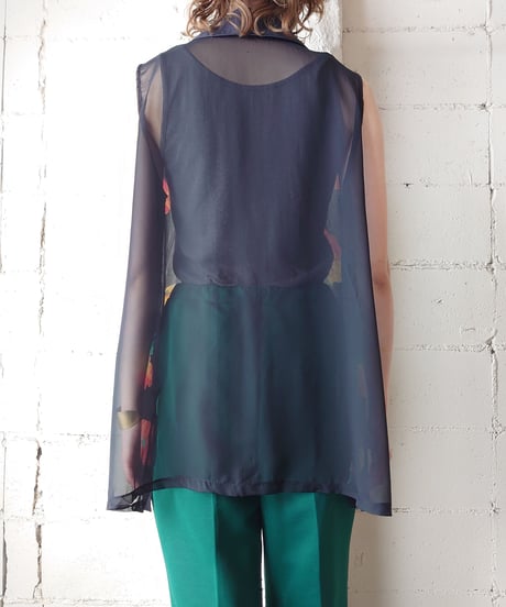 Sheer Flower Pattern Sleeveless Shirt BK