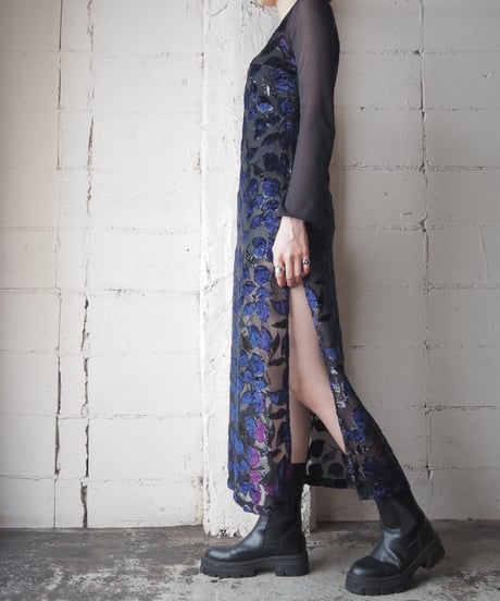 Velour × Sheer Leaf Pattern Dress NVBK