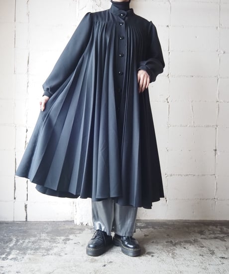 1960's Stand Collar Pleated Dress Coat BK
