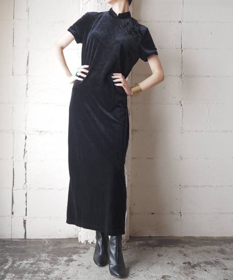 Short Sleeve Velour China Dress BK