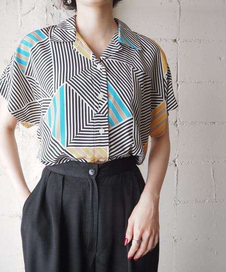 Stripe Pattern Open Collar Shirt WHBK