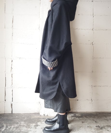 Check Lining Hooded Dolman Sleeve Coat BKWH