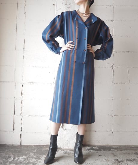 1970's-80's Germany Open collar Stripe Dress BLBR