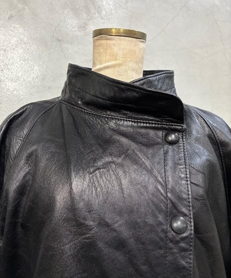 Stand Collar Dolman Sleeve Leather Coat BK