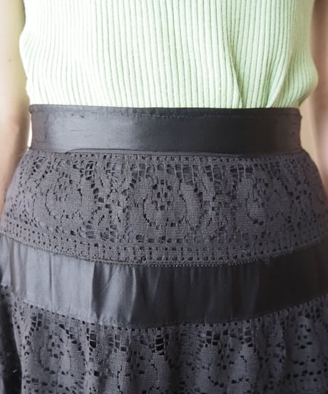 Satin×lace  Tiered Skirt BK