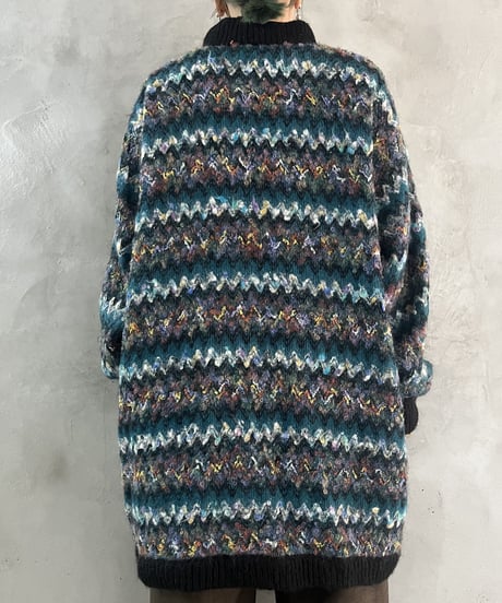 Mix Color Pattern Mohair Long Cardigan BLBK