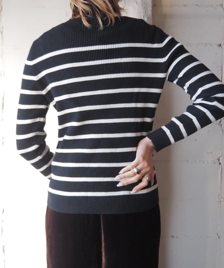LAUREN Mock Neck Border Knit BK WH