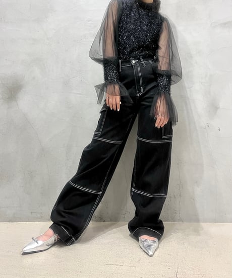 White Stitch Denim Pants BK