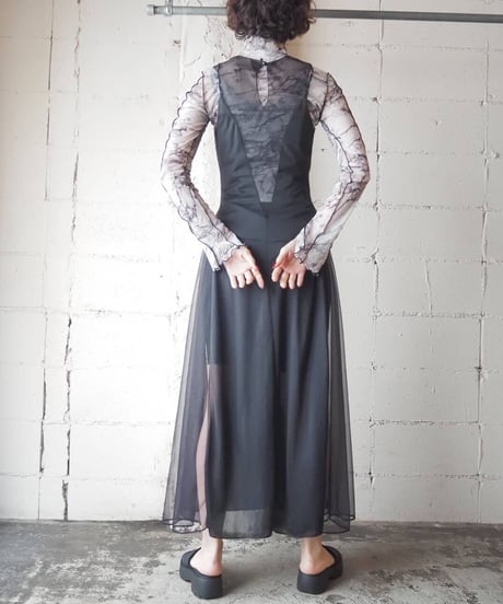 Switching Sheer Sleeveless Dress BLK