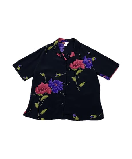 S/S Flower Print Open Collar Shirt BK PUR