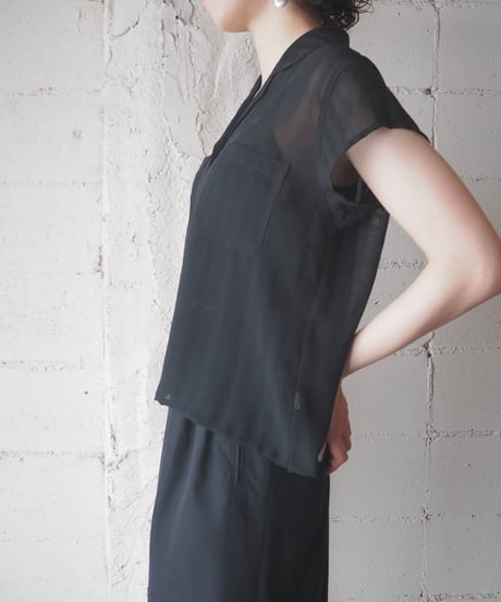 Open Collar Sheer Stripe Shirt BK