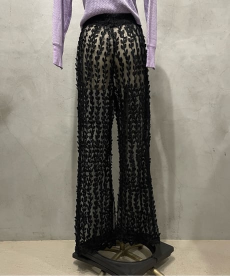 Sheer Leaf Lace Flared Pants BK