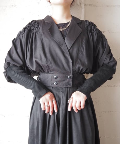Remake Smocking Shoulder Long Rib Jacket BK