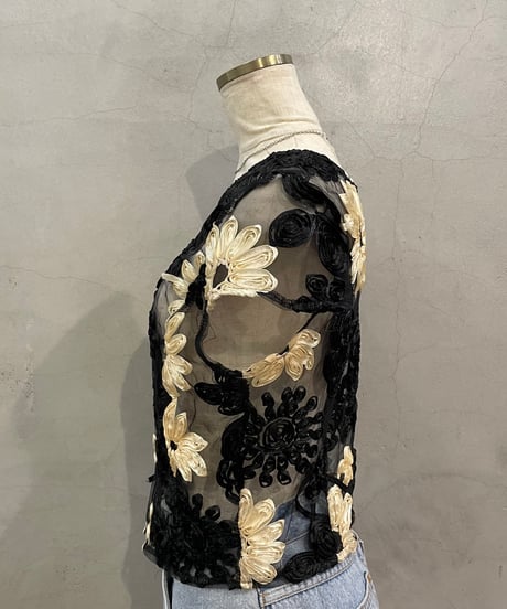 Flower Tape Embroidery s/s Sheer TopsBKBE