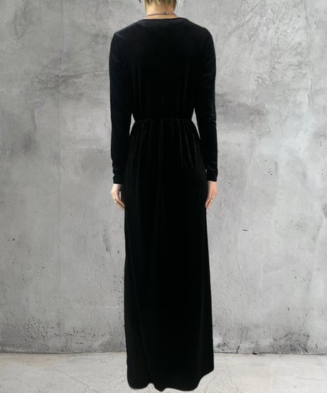 Crew Neck Waist Gather Velour Dress BK