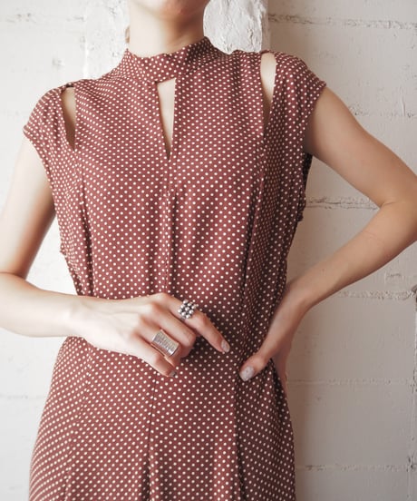 Stand Collar Cutout Design Dot Dress BR