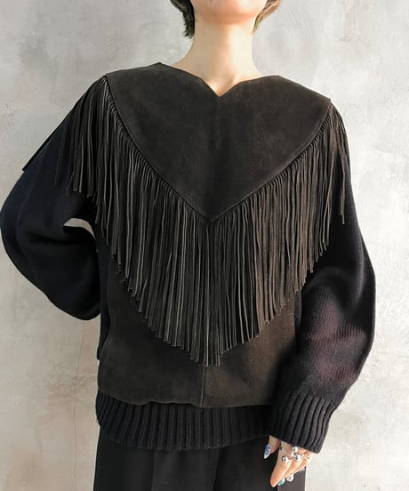 Leather Switching Fringe Knit BK