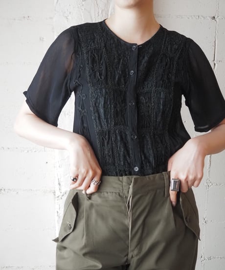 Sheer Tape Embroidery Blouse BK