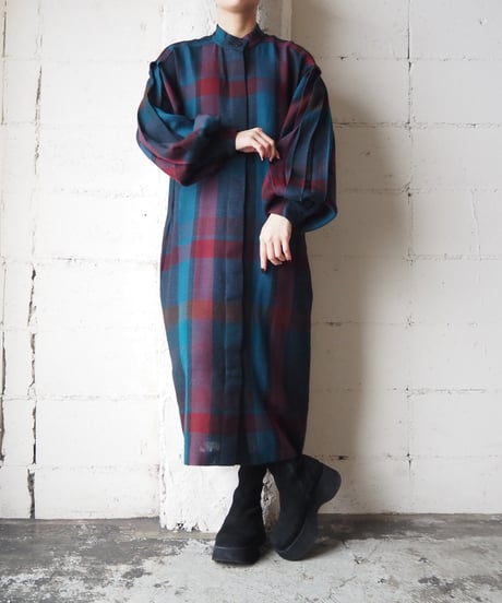 Pleated Sleeve Check Pattern Dress GNBUR