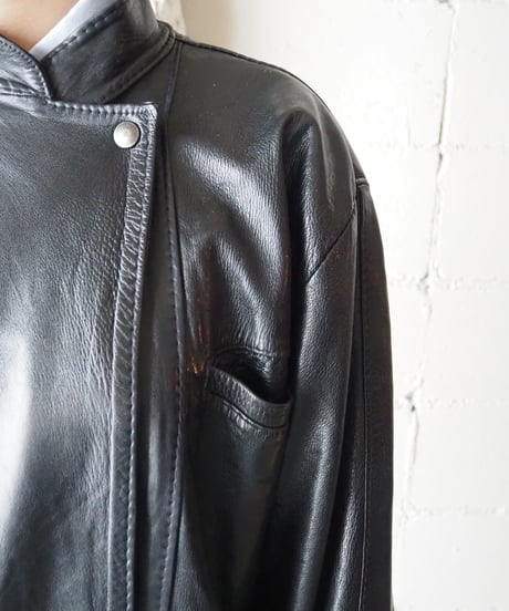 Stand Collar Asymmetry Design Leather Jacket BK