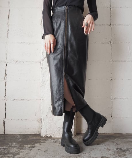 Front Zip Up Leather Tight Skirt BK