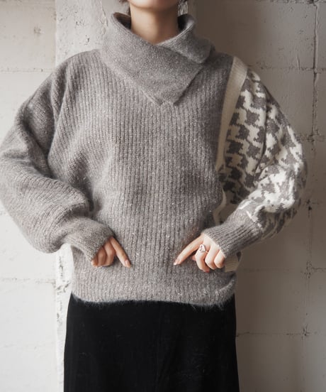Turn Over Collar Houndtooth Sweater GR