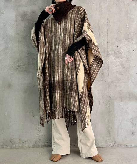 Hem Fringe Stripe Pattern Poncho BRIV