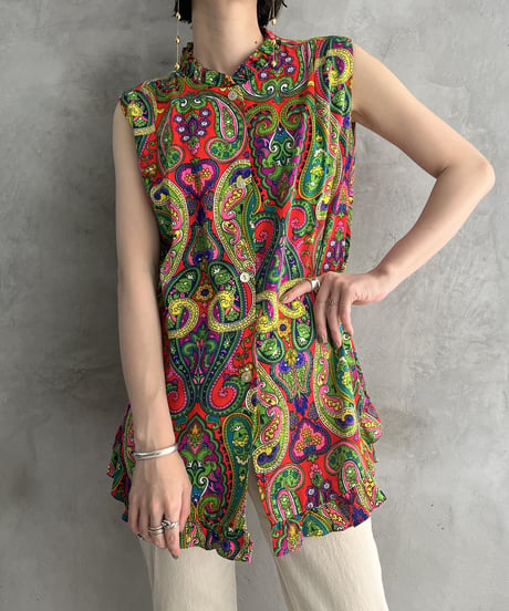 Psychedelic Pattern Frill No Sleeve Blouse REGN