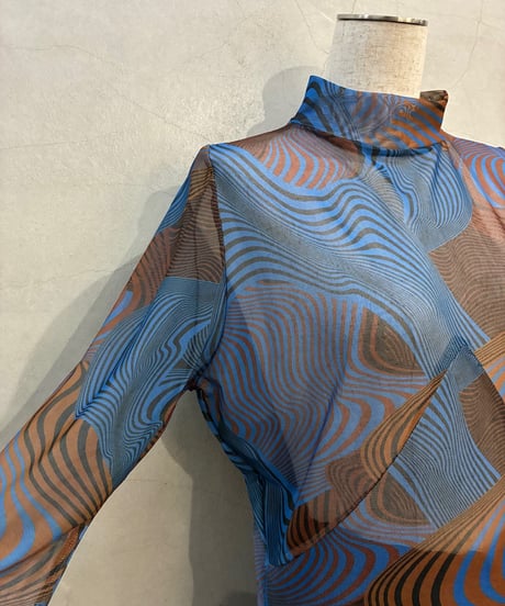 Mock Neck Geometric Pattern Sheer Tops BLBR